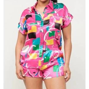 NEW CC WHOLESALE satin dolman print top and shorts set in fuschia